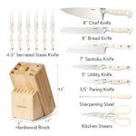 CAROTE 14 Pieces Knife Set with Wooden Block High Carbon Stainless Steel Knives Dishwasher Safe with Sharp Blade Ergonomic Handle Forged Triple Rivet-Pearl White