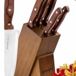 Kitchen Knife Set, 6-Piece Knife Block Set, Wooden Handle Knife Set with Block, Stainless Steel Chef Knife Set with Pakkawood Handle, by Emojoy.