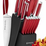 Knife Set, 15-Piece Kitchen Knife Set with Block, ABS Handle for Chef Knife Set, German Stainless Steel, Emojoy (Red).