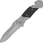 Smith & Wesson SWFRS 8in Stainless Steel Folding Knife with 3.3in Drop Point Serrated Blade and S.S. with G-10 Inlay Handle for Outdoor Tactical Survival and Everyday Carry