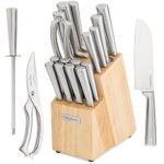 17 Piece Chef Knife Set – Includes Solid Wood Block, 6 Stainless Steel Kitchen Knives, Set of 8 Serrated Steak Knives, Heavy Duty Poultry Shears, and a Carbon Steel Sharpening Rod