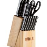 HULLR 14 Piece Kitchen Knife Set with Wooden Block, Stainless Steel Chef Knife Bread Knife Slicing Knife Utility Knife Paring Knife Steak Knives Sharpening Rod and Scissors