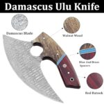 HN KNIVES Damascus ulu Knife with Leather Sheath – Handmade Alaskan ulu Knife – Ideal Alaska gifts for Chopping, Slicing, Mincing, Skinning, Pizza Cutting and Meat & Herb, 7 Inch, Red & Brown