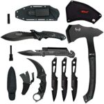 Blade Factory 7pc Tactical Set Full Tang Fixed Blade Knife Spring Assisted Multi Tool Pocket Knife Karambit Claw Knife Tomahawk Throwing Axe 3pc Throwing Knives Set | Free Holt Multi-Tool Key Chain