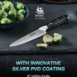 KYOKU Gin Series 5″ Utility Kitchen Knife, Japanese VG10 Damascus Stainless Steel Knife with Silver Ion Blade G10 Handle Mosaic Pin, All Purpose Professional for Meat Veg and Fruit
