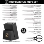 Kitchen Knife Set, 15 Pcs Japanese Knife Set with Block, Premium Razor-Sharp Chef Knives Set for Kitchen with Sharpener, Rust-Proof, Ergonomic Full-Tang Handle, Black