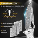NedFoss Heron Damascus Pocket Knife for Men, Handmade Forged VG10 Damascus Steel Blade Folding Knife with Retro Leather Sheath, Wood Handle, Pocket Clip, Liner Lock, Excellent Gifts for Men