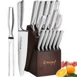 Knife Set, Emojoy 16-PCS Kitchen Knife Set with Carving Fork, Ripple Stainless Steel Hollow Handle for Chef Knife Set with Wooden Block, Perfect Cutlery Set Gift